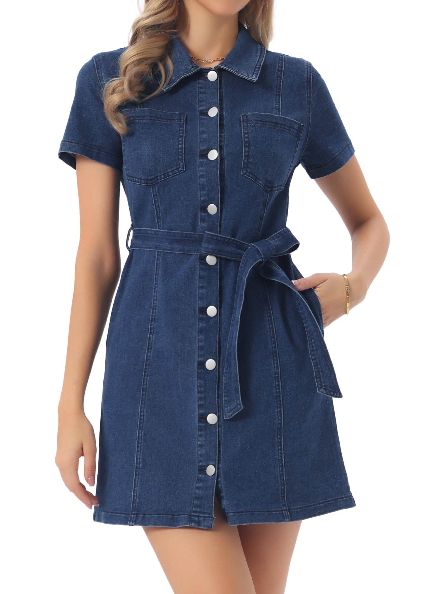 Allegra K Robe en Jean pour Femme, boutonnée, Manches Courtes, Ceinture, Style décontracté.