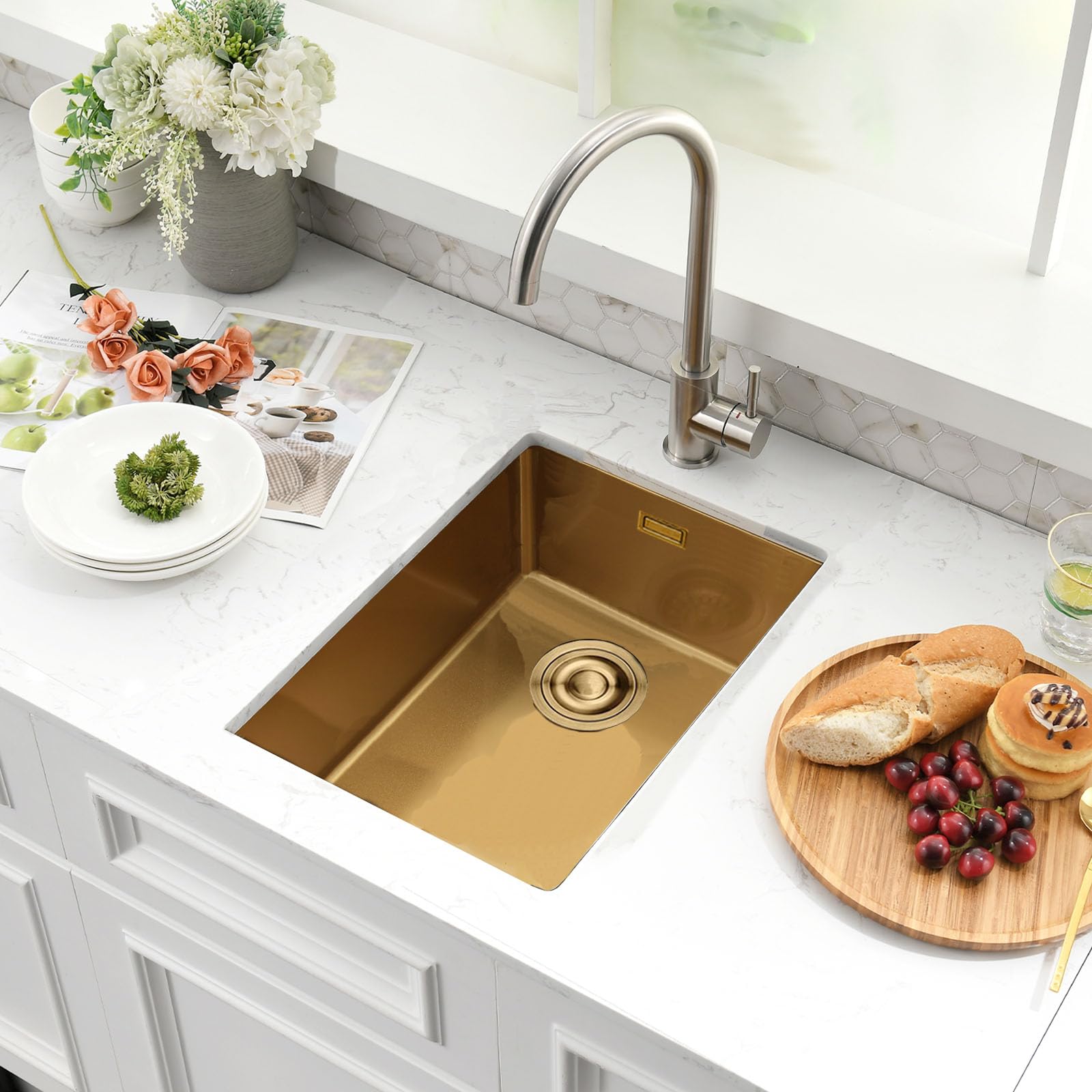 Gold Small Kitchen Sink, 30X40CM Small Sink 304 Stainless Steel Single Bowl, BoomHoze Outdoor Campervan with Overflow, Drainer Fittings, Undermount, Top Mount, Drop in Flushmount Installation, Gold — image 1