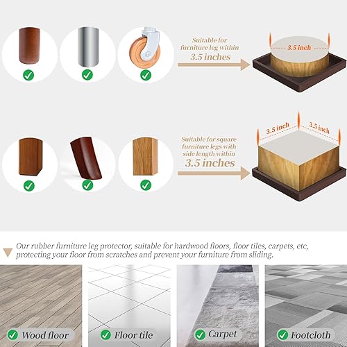 Miniatura 6 de Posavasos con ruedas para muebles, de goma de 3.5 pulgadas, cuadradas, antideslizantes, protectores de suelos de madera dura, para patas de muebles,