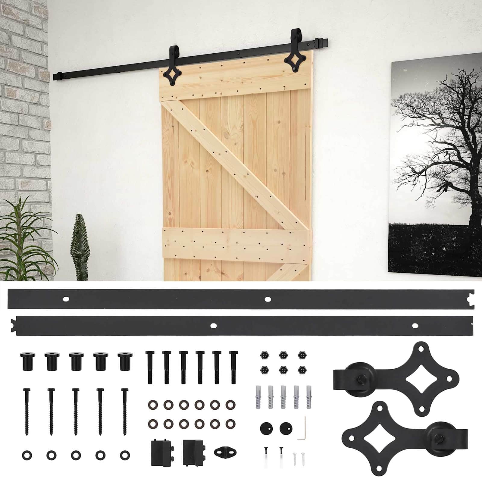 Drzwi przesuwne naturalnie czarne 90 x 210 cm | Lite drewno sosnowe, malowana proszkowo szyna stalowa, oszczędność miejsca, nowoczesna ścianka działowa