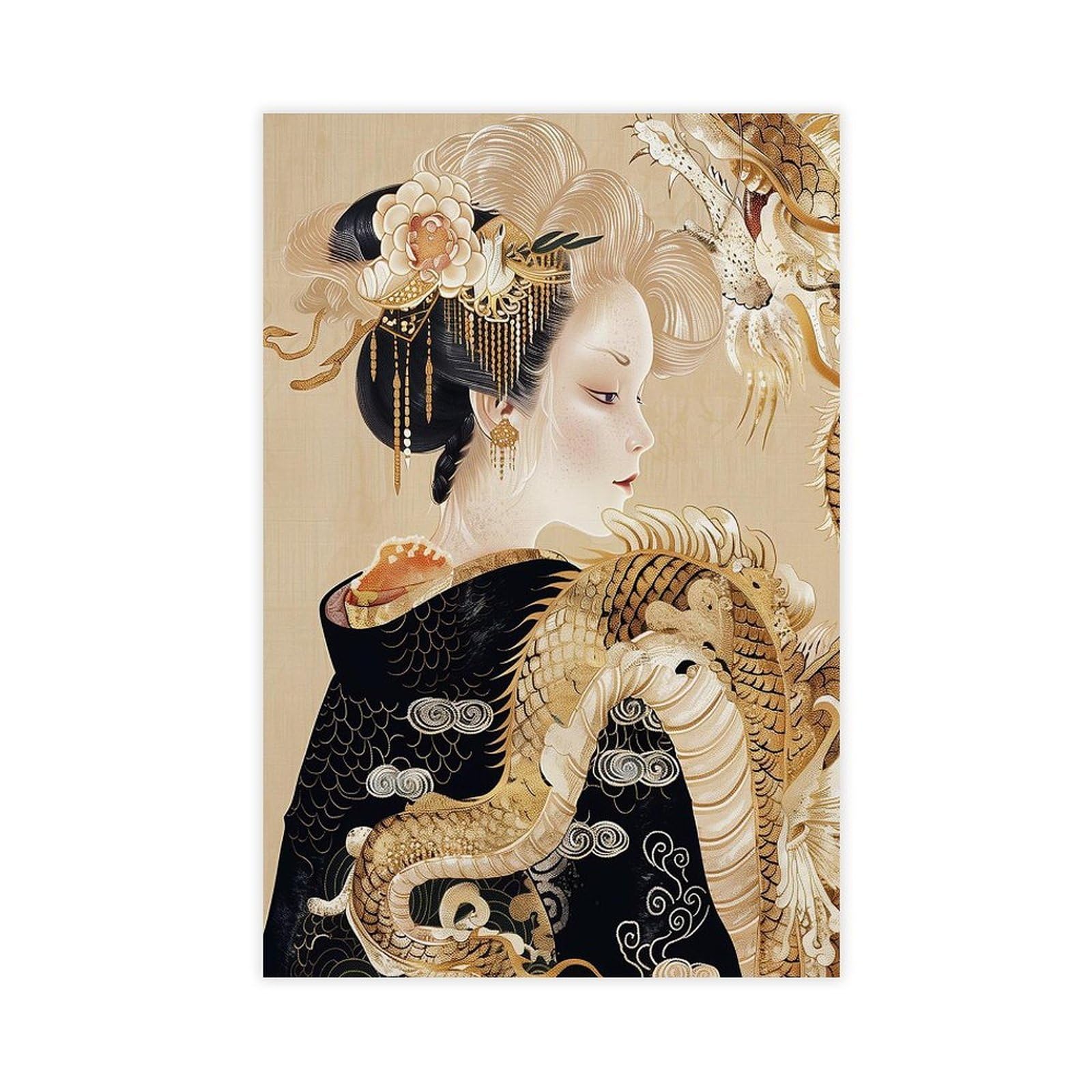 Bareronor Golden Dragon Geisha Poster Canvas Poster Bedroom Decor Landscape Office Room Decor Gift 12" L X 18" W