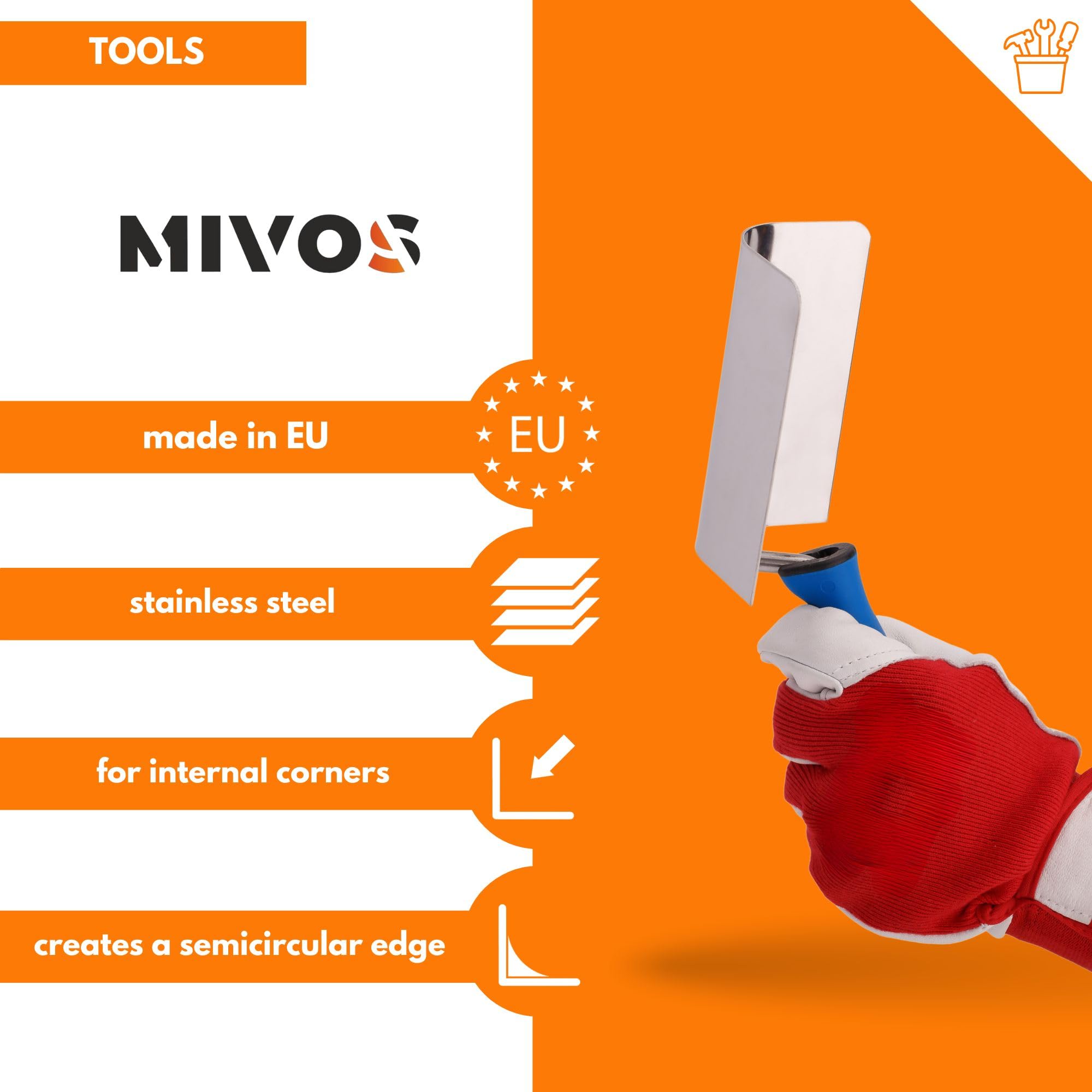 MIVOS Corner Trowel 120 x 95 mm, Round Trowel, Edge Trowel, Stainless Steel Interior Corner Trowel - Image 3