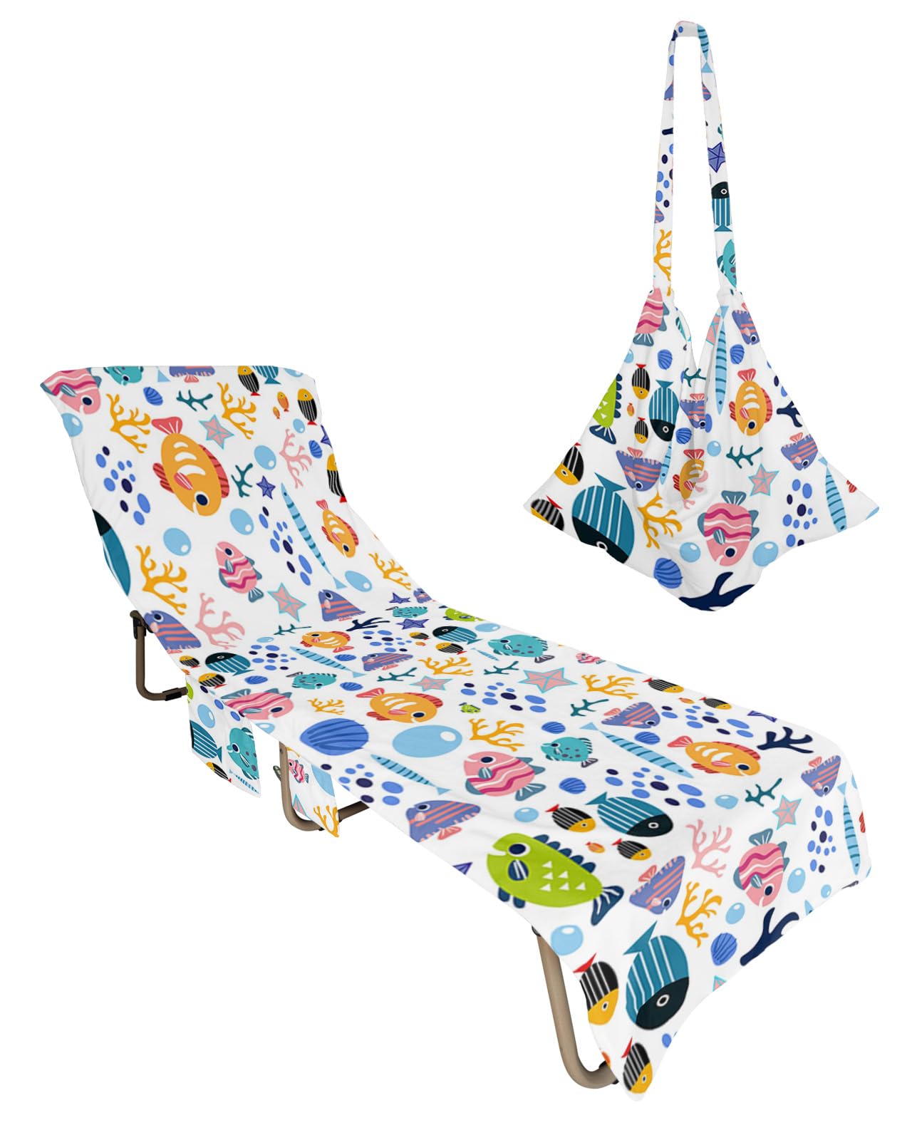 Coastal Beach Lounge Chair Towel Cover, Soft Chaise Lounge Towel with Side Pockets Patio Pool Chairs Cover for Beach/Pool Sunbathing 29x85 Colorful Cartoon Fish Coral