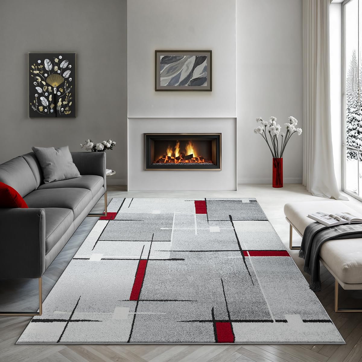 the carpet - Pearl - Tapis à Poils Courts et denses - Moderne - pour Salon et Chambre à Coucher - Découpe des Contours - Motif géométrique - À Carreaux - Gris Rouge - 240 x 330 cm
