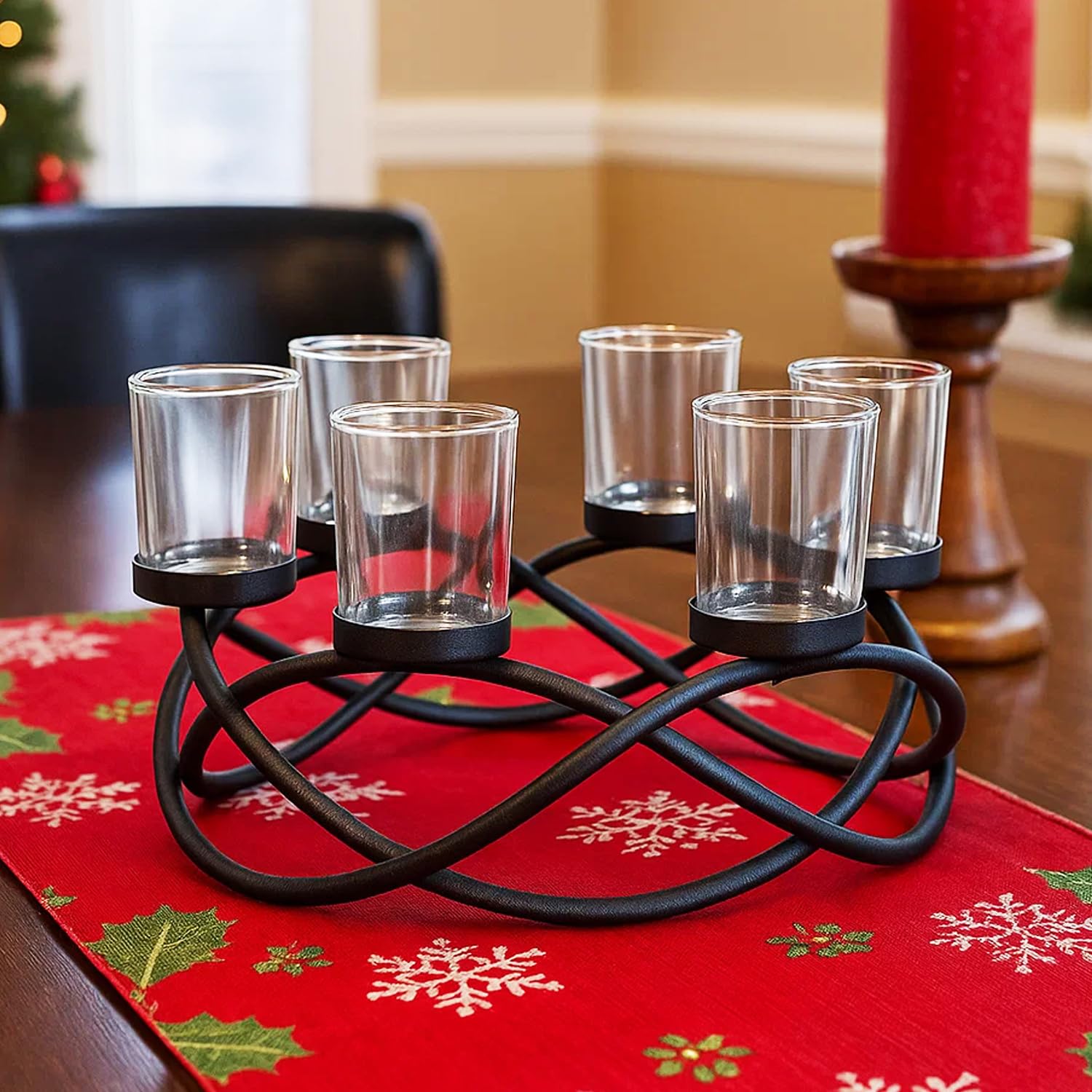 Seraphic Iron Round Table Decor Centerpiece Decorations Candle Holder for Weddings, Outdoor Patio, Kitchen, Dining Room, and Coffee Tables, Glass Votive Tealight Holders, Black, 6 Clear Cups