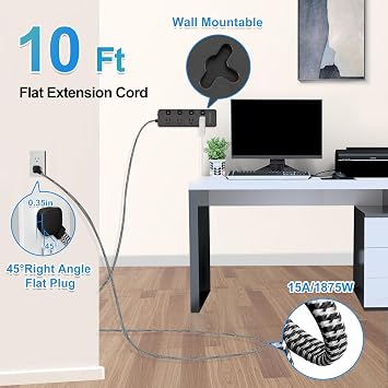 Surge Protector Power Strip 10 Ft - 8 Widely AC Outlet 4 USB Ports(2 USB C), Flat Plug Extension Cord with Multiple Outlets, Individual Switches, Desk Extender for Dorm, Home, Office Essentials, 1400J
