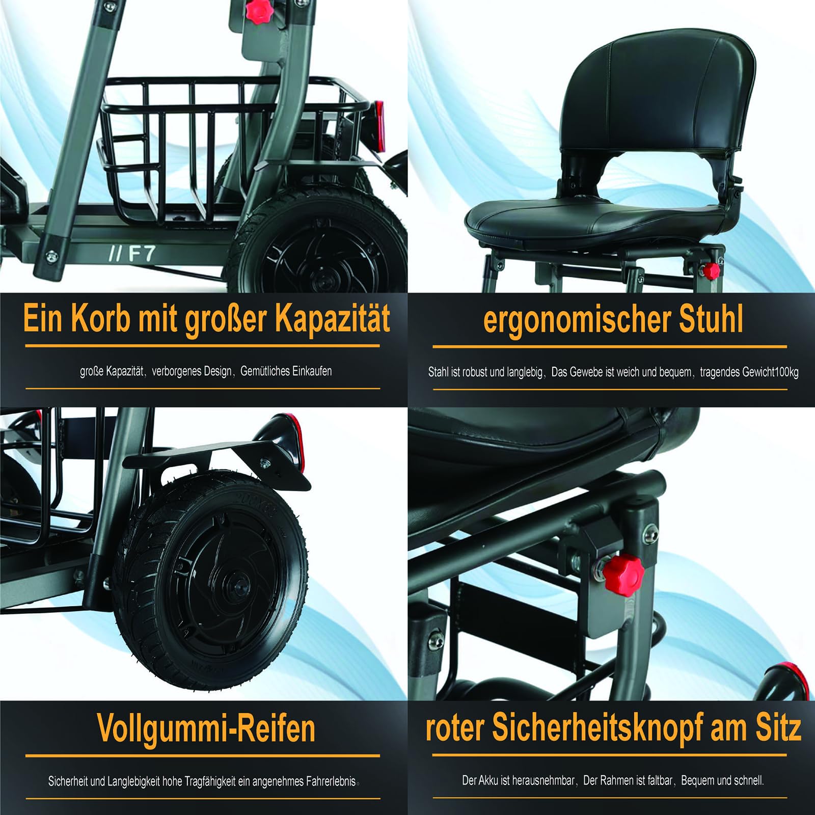Elektromobil für Senioren, Seniorenmobil Mobilitätsroller mit Korb, Max 15Km/h, bis zu 25KM, Seniorenmobil Klappbar, F7