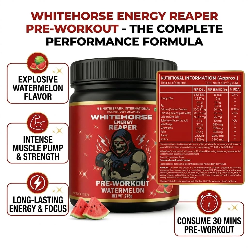 NutriSpark White Horse- Pre work out Workout Supplement with Creatine HCl, Beta-Alanine, Glutamine - Energy and Muscle Management, Unisex-Watermelon 275gm 4
