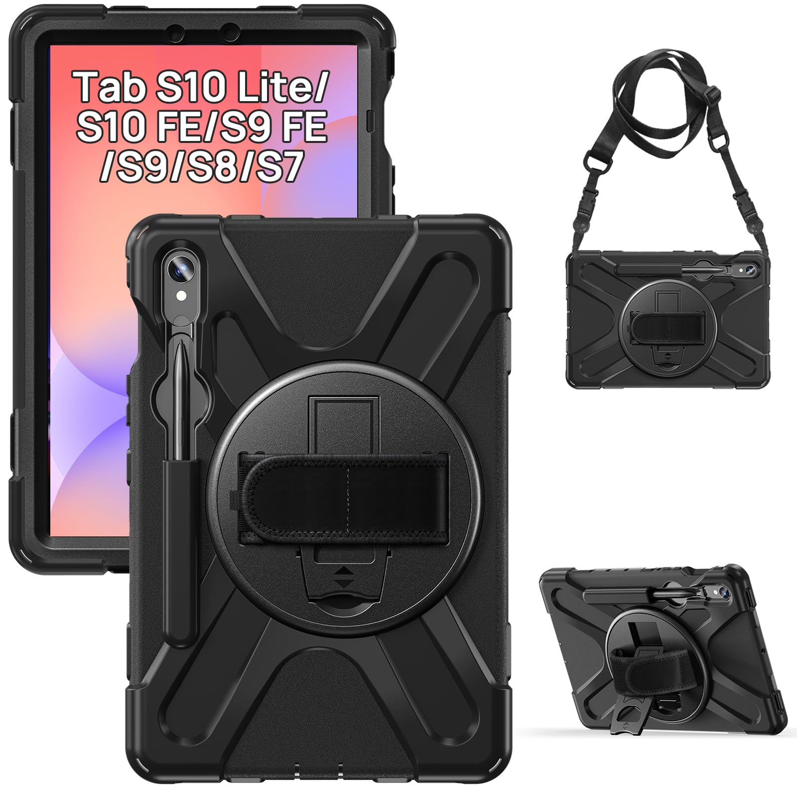 Gerutek Funda Anticaída para Samsung Galaxy Tab S10 Lite 10.9 Pulgadas/Tab S10 FE/Tab S9 FE/S9 11" (2025/2023), Carcasa Rugosa con Soporte 360° Giratorio, Correa de Mano/Hombro, Portalápices, Negro