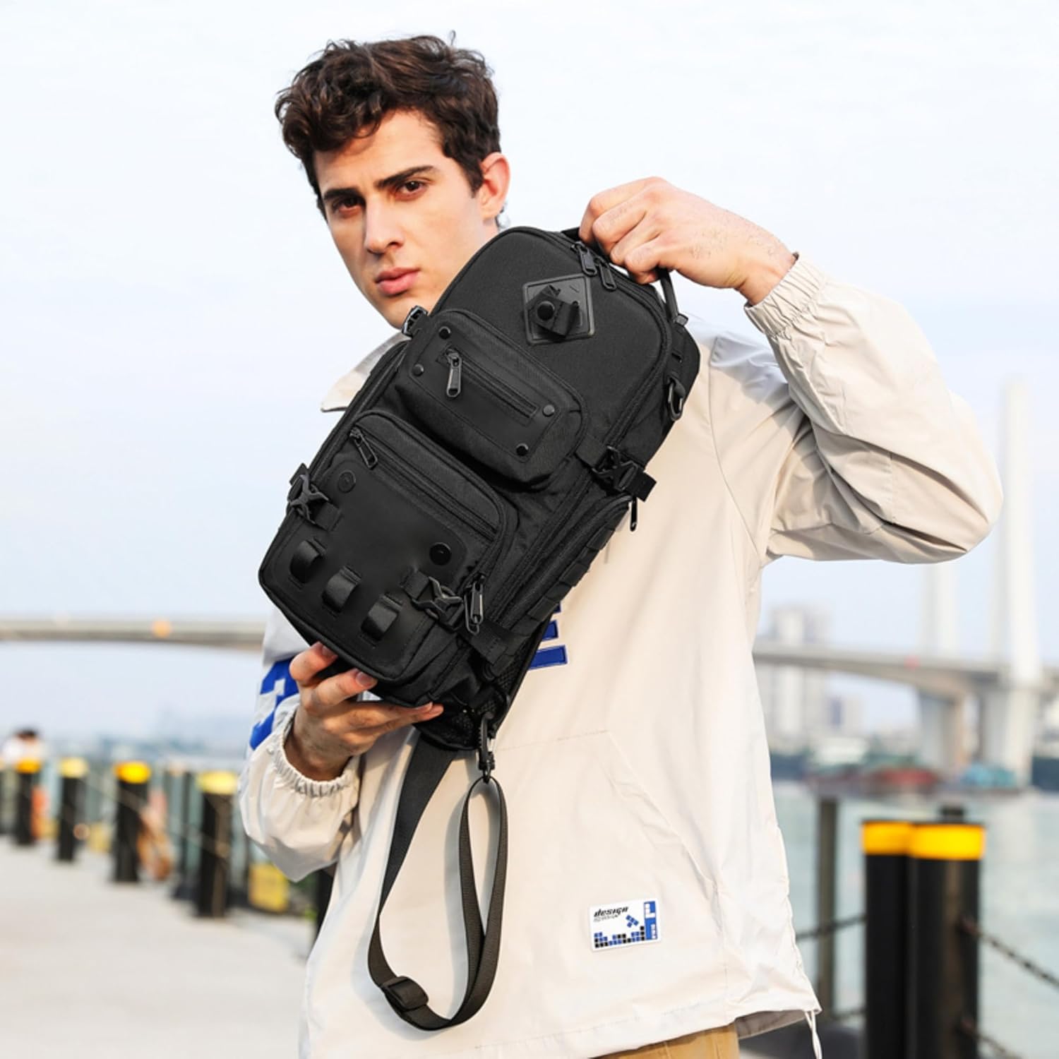 OZUKO Multipurpose Sling Bag for Men, Large Capacity Crossbody Shoulder Bag Waterproof Sling Chest Backpack with Tripod Holder Fit for Outdoor Travel Photography (Black) - Image 2