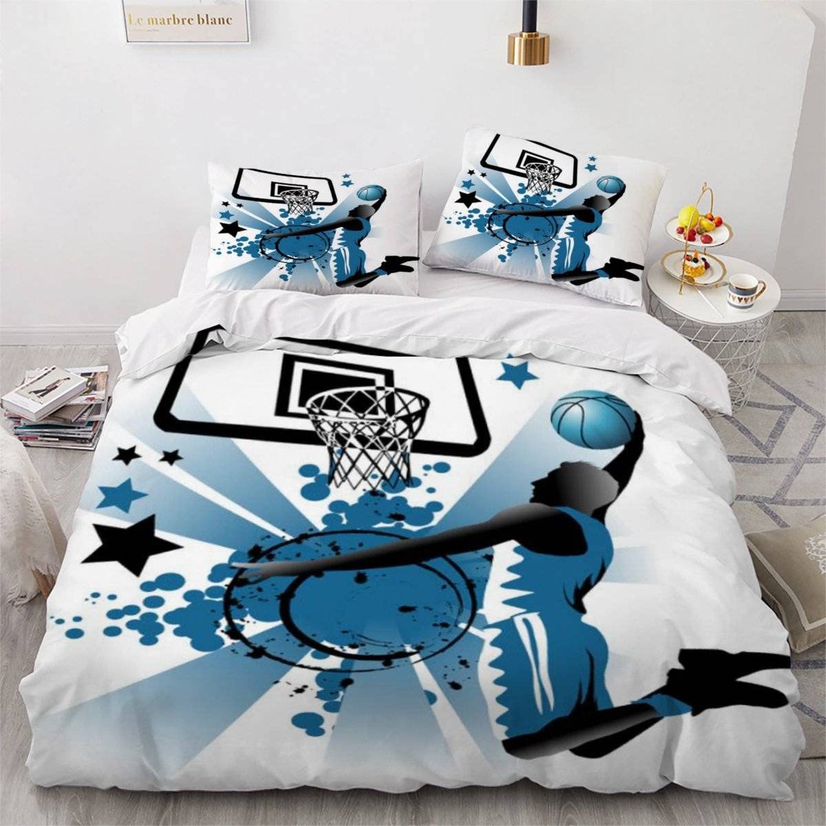 Housse de couette 220x240 basket parure de lit 2 personnes microfibre avec taies d'oreiller