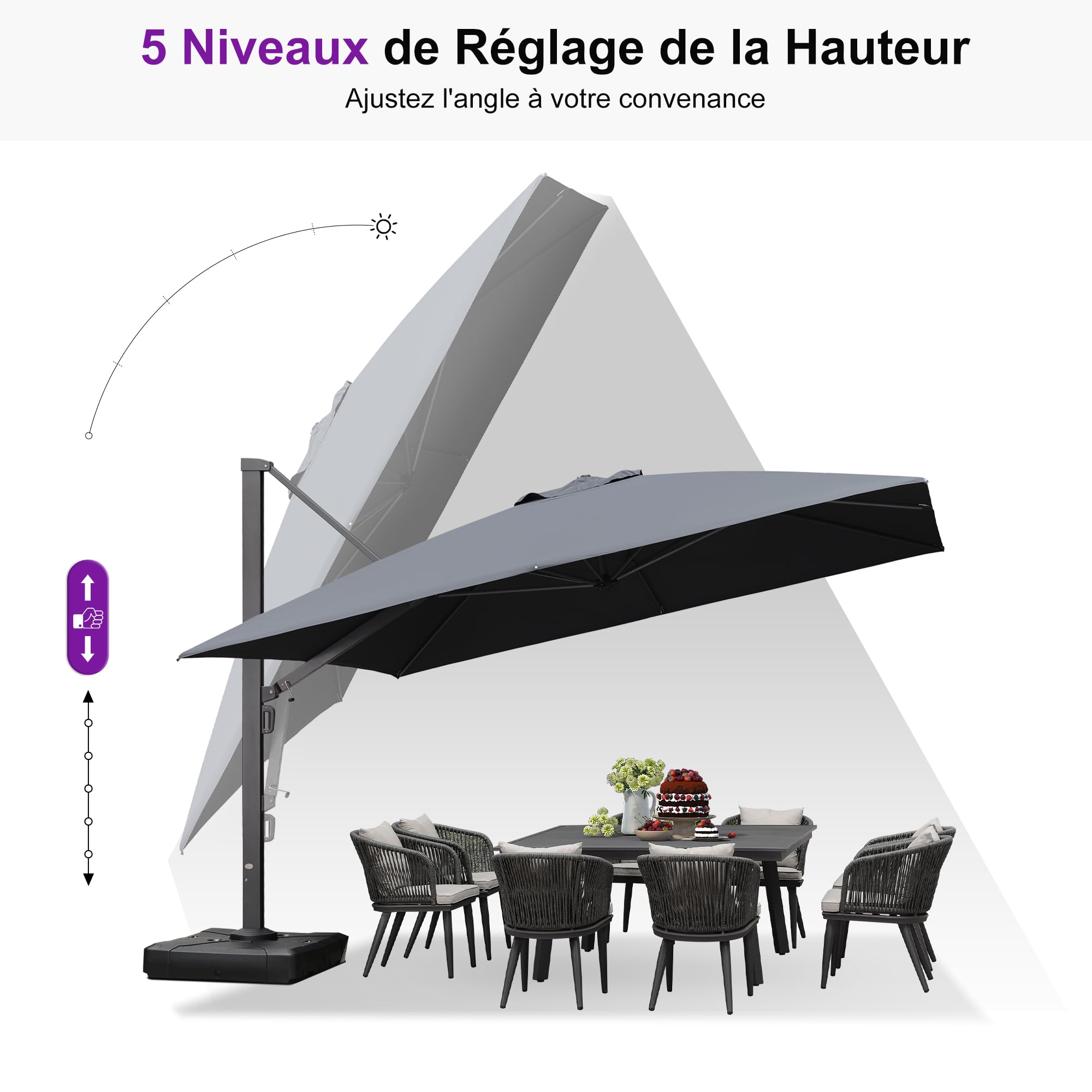 PURPLE LEAF Grand Parasol Déporté 3,65 x 3,65 m Aluminium Robuste, Gris | Mât renforcé Ø11 cm, Montage facile, Rotation 360°, Inclinaison 5 positions, Toile durable, Toile amovible et lavable