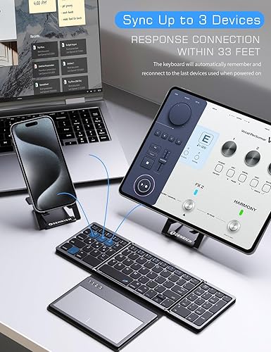 Miniatura 7 de ZenRich Teclado Bluetooth plegable con soporte y teclado táctil grande, teclado numérico, teclado de bolsillo de viaje para iPad, Windows, iOS,