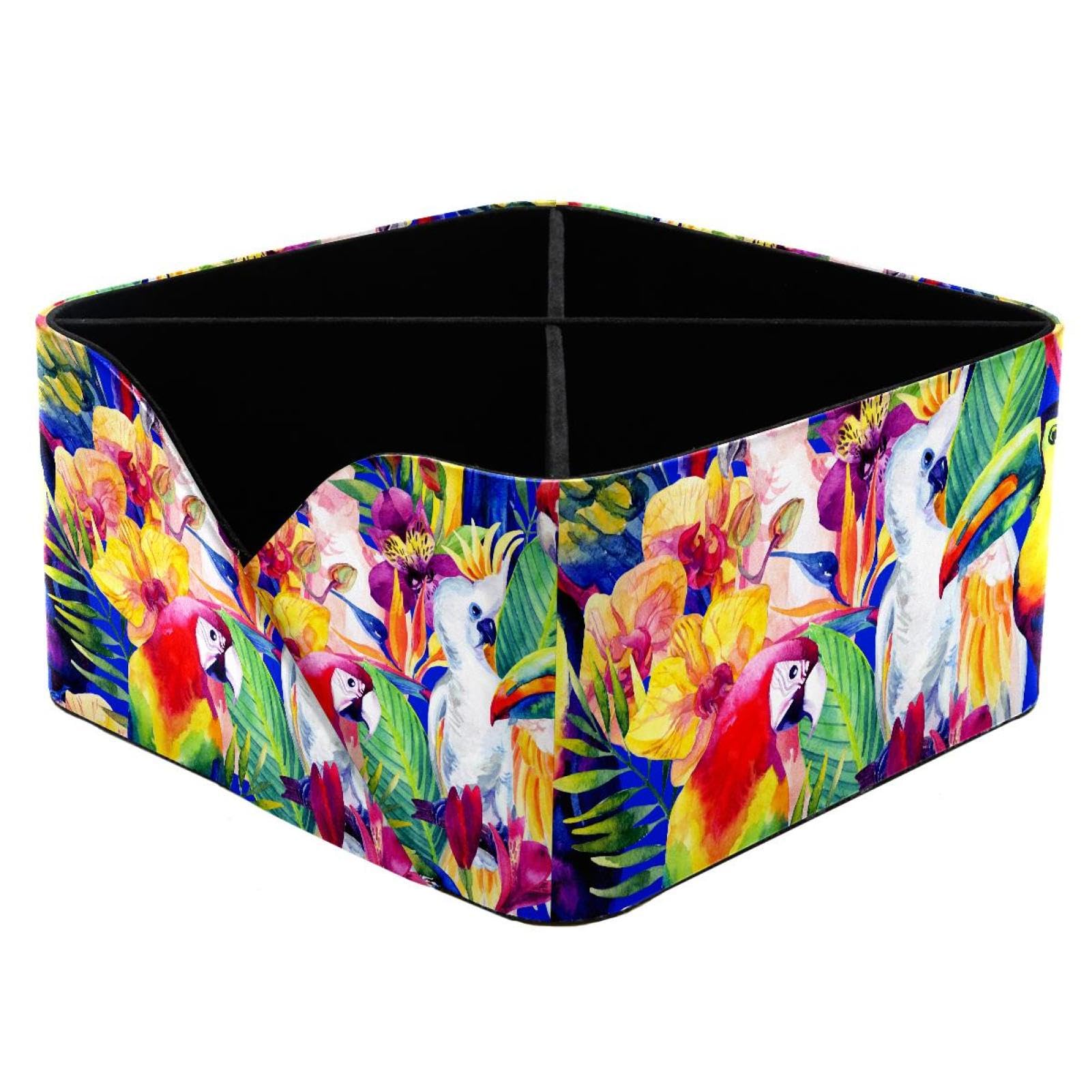 KengjuTesu Vivid Colors Parrots with Tropical Flowers Watercolor Pattern Desktop Organizer Pen Holder, Rectangular Pencil Cup for Office, Study and Makeup Stations