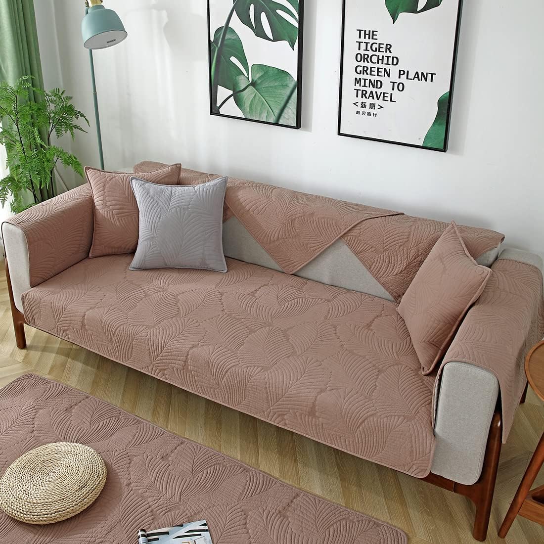 Solid Color Leaf Cotton Quilted Sofa Covers for 3 Cushion Couch Anti-Slip Soft Couch Cover for Dogs Pets Kids Recliner Loveseat L Shaped (Coffee,28''x47'')