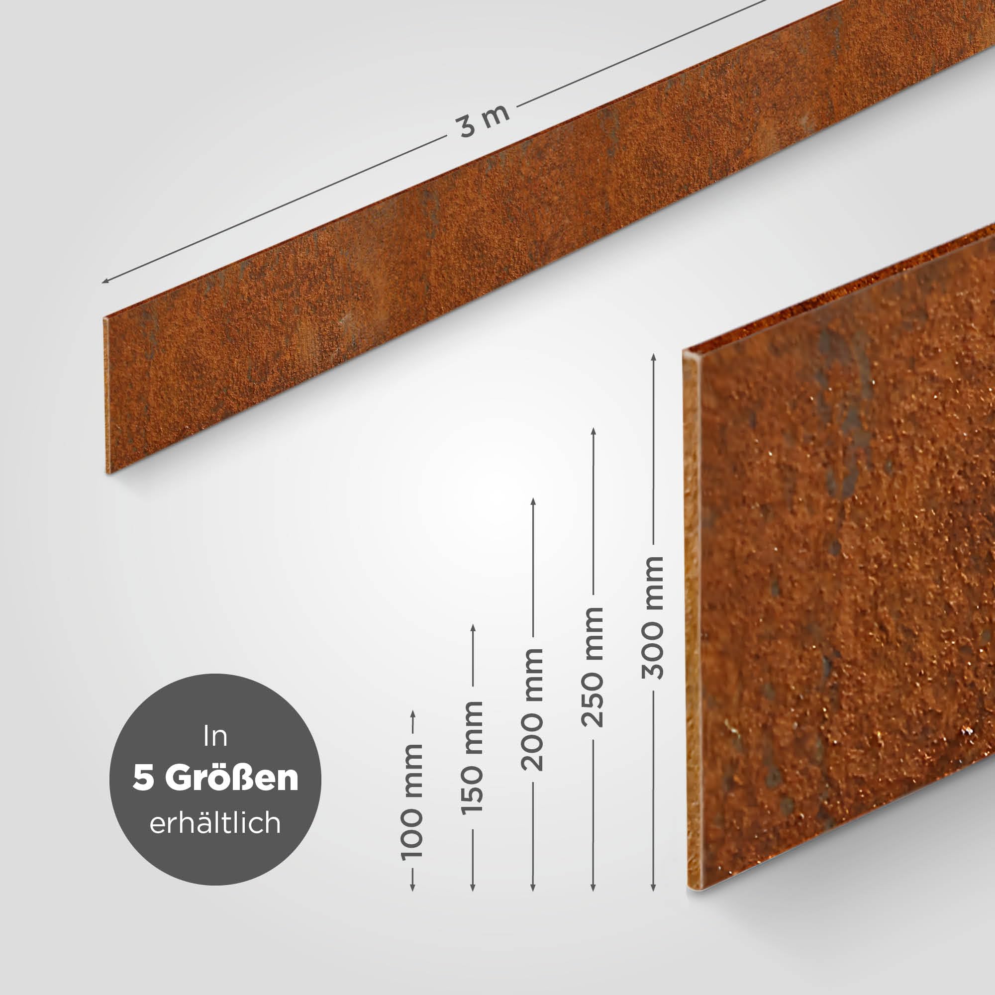 blizz-z terraflex cort Weg- und Beeteinfassung Cortenstahl (2 m x 10-30 cm) Stärke 3 mm | Rasenkantenband, Beeteinfassung, biegbar, formbar, walzblank | Made in Germany (2 m x 10 cm (1 Stück))