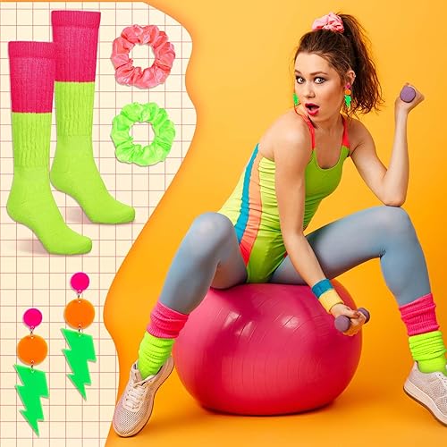 Miniatura 5 de 4 piezas de accesorios de neón de los años 80 y 90 para mujer, calcetines de neón slouch Scrunchies 80s Lightning Bolt Retro aretes para traje