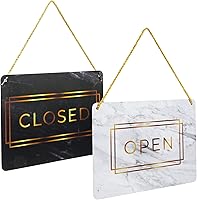 Vista 8 de Stockroom Plus Letrero abierto y cerrado – Acabado de mármol dorado – Letrero colgante reversible – Exhibición de horario comercial – Paquete de 2