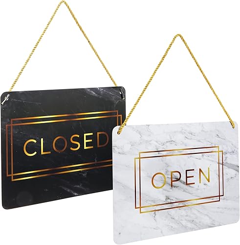 Miniatura 8 de Stockroom Plus Letrero abierto y cerrado Acabado de mármol dorado Letrero colgante reversible Exhibición de horario comercial Paquete de 2, 8.5
