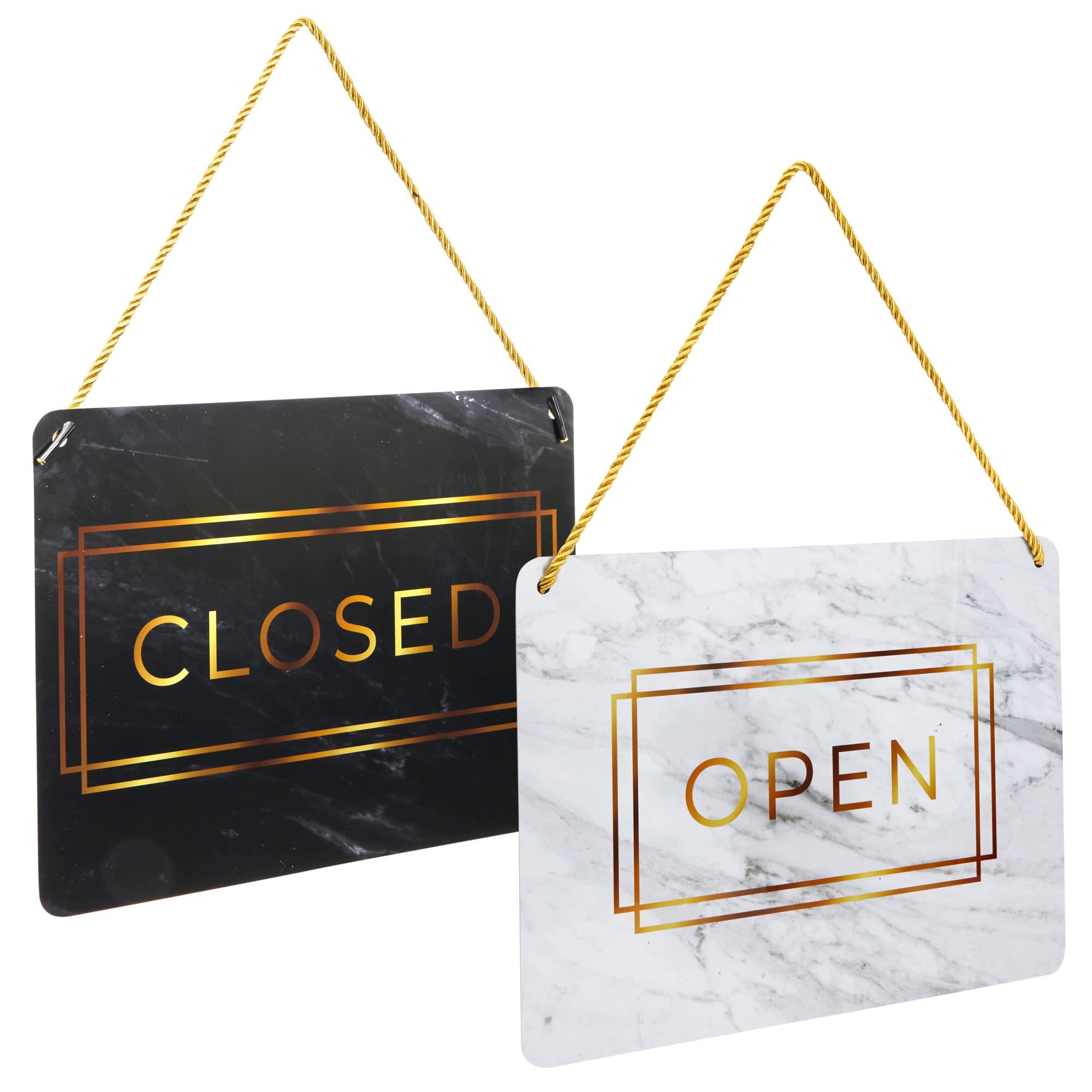 Paquete de 2 letreros abiertos de doble cara para puerta de negocios, diseño de mármol dorado, letreros colgantes reversibles para ventana (11.5 x 8.5 pulgadas)