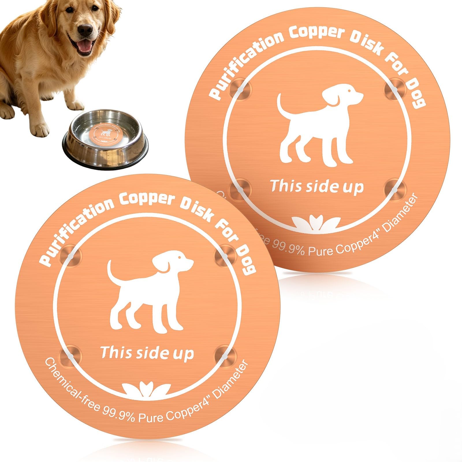 2 Pcs 99.9% Pure Copper Disc for Dog Water Bowl, 4-Inch Dog Water Fountain Dispenser Purification Disk with 4-Point Support, Natural Water Freshness Cleaner for Dogs and Cats (0.6mm Thick)