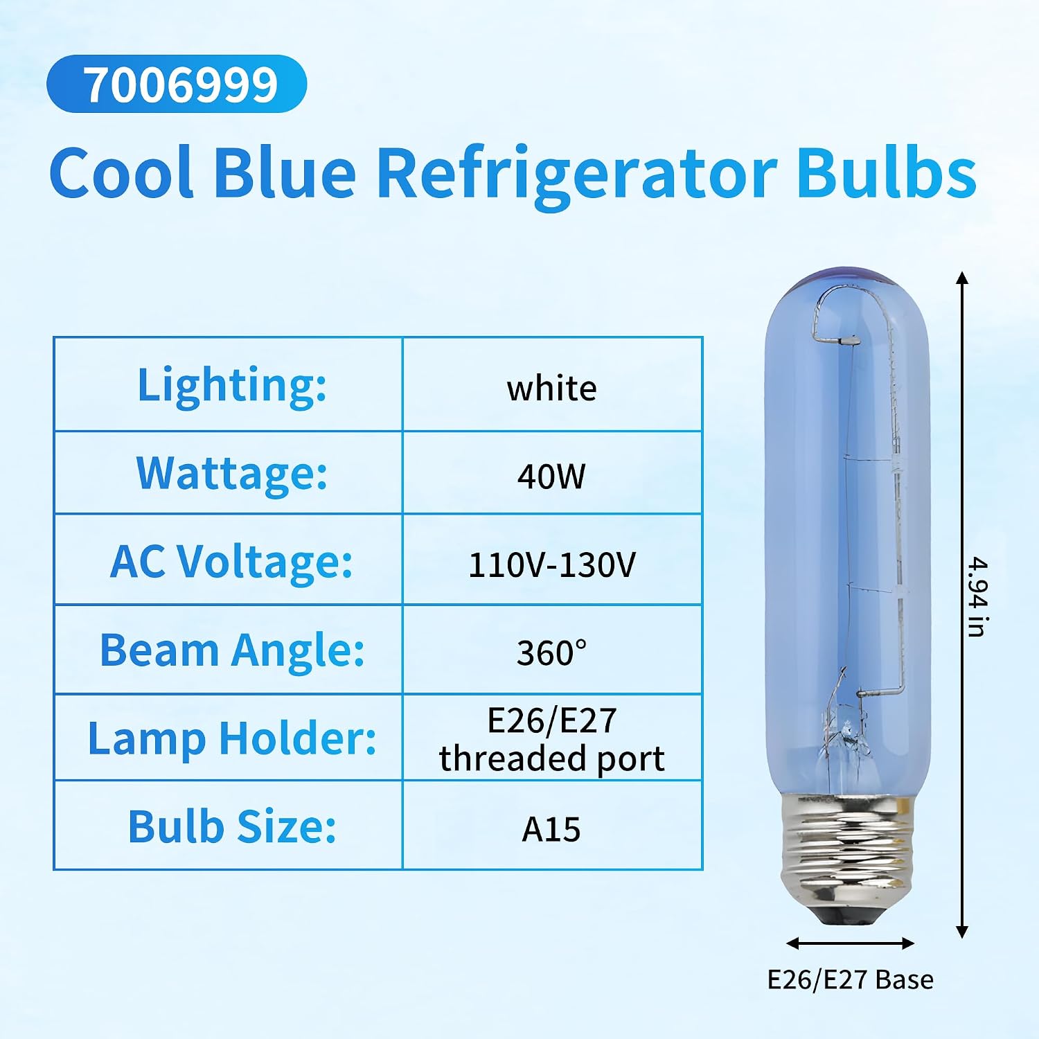 4 Pack 7006999 Blue Glass Replacement Bulb Compatible with sub-Zero Refrigerator,7006999 Freezer Refrigerator Light Bulb E26 40W Cool Blue Bulbs，Part# 3030030 40 watt sub Zero Light Bulb