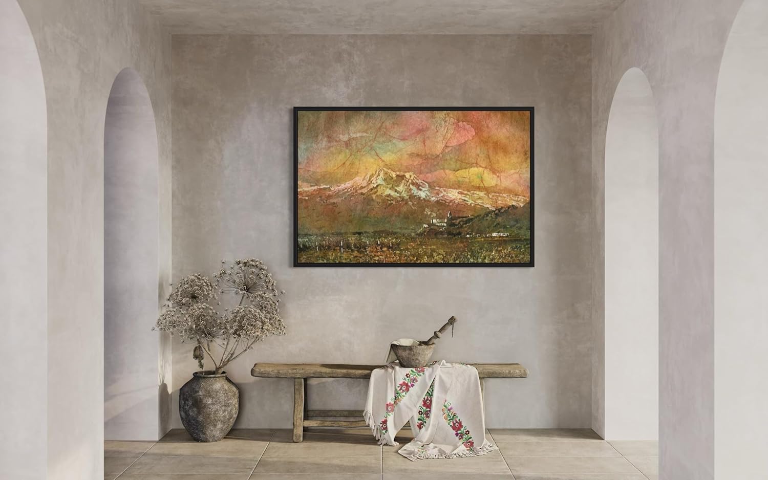 Armenian Landscape Watercolor Art Print, Mount Ararat with Khor Virap Monastery Scene, Handmade Batik Style Wall Decor