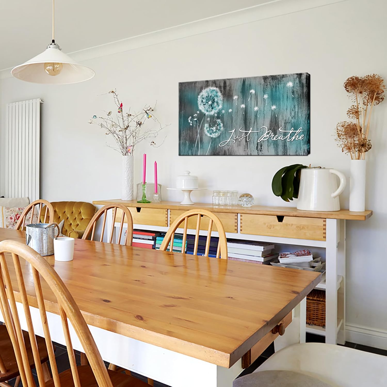 iHAPPYWALL Large Just Breathe Wall Art Abstract Teal Dandelion Flower Inspiratiobal Quotes Rustic Floral Artwork for Bedroom Farmhouse Home Wall Decor Ready to Hang 20x36inch - Image 4