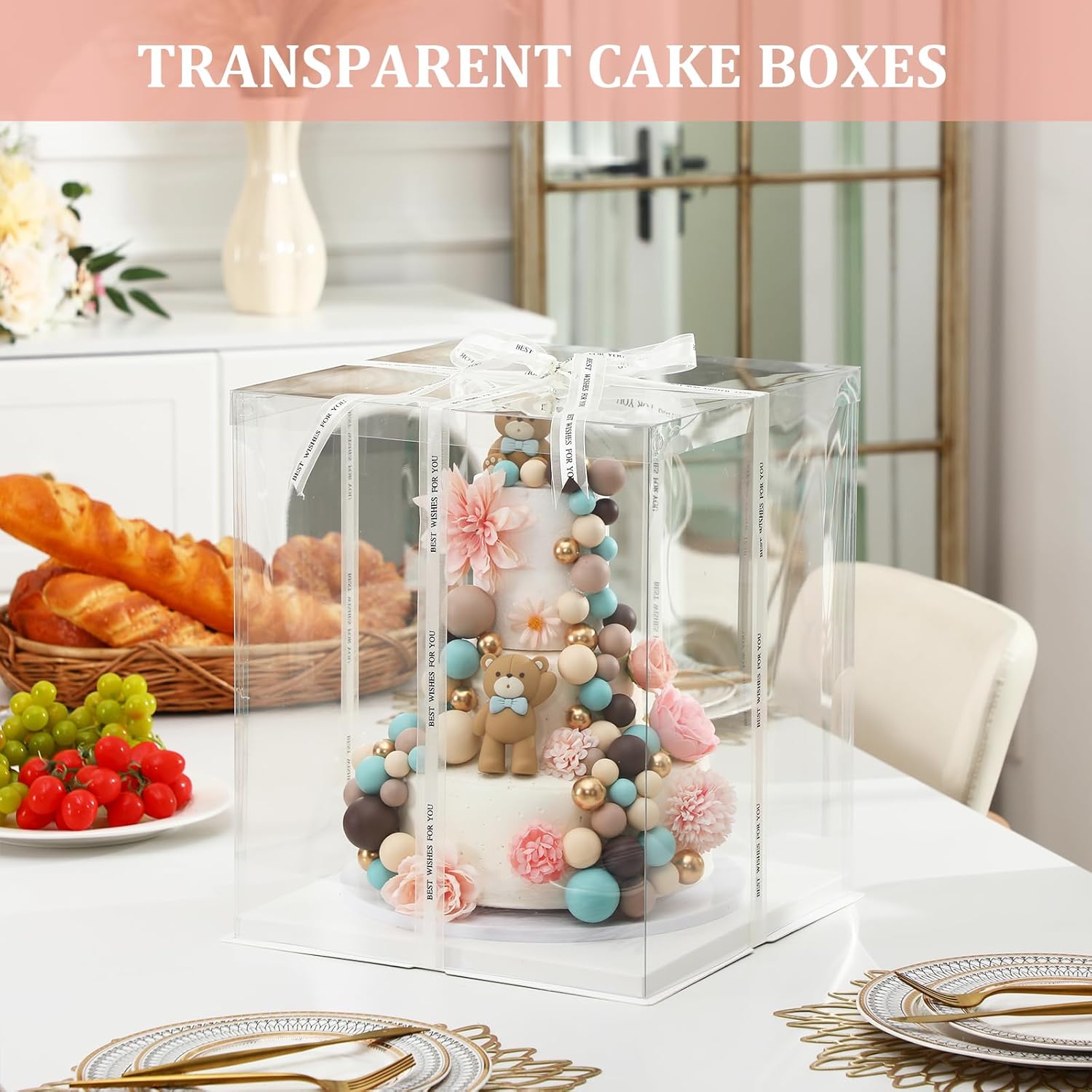 maxdot 10 pcs transparent tall cake boxes 13.4" x 13.4" x 16" large clear cake box with ribbon cake carrier pet wedding cake storage container gift boxes for party birthday dessert display (beige)