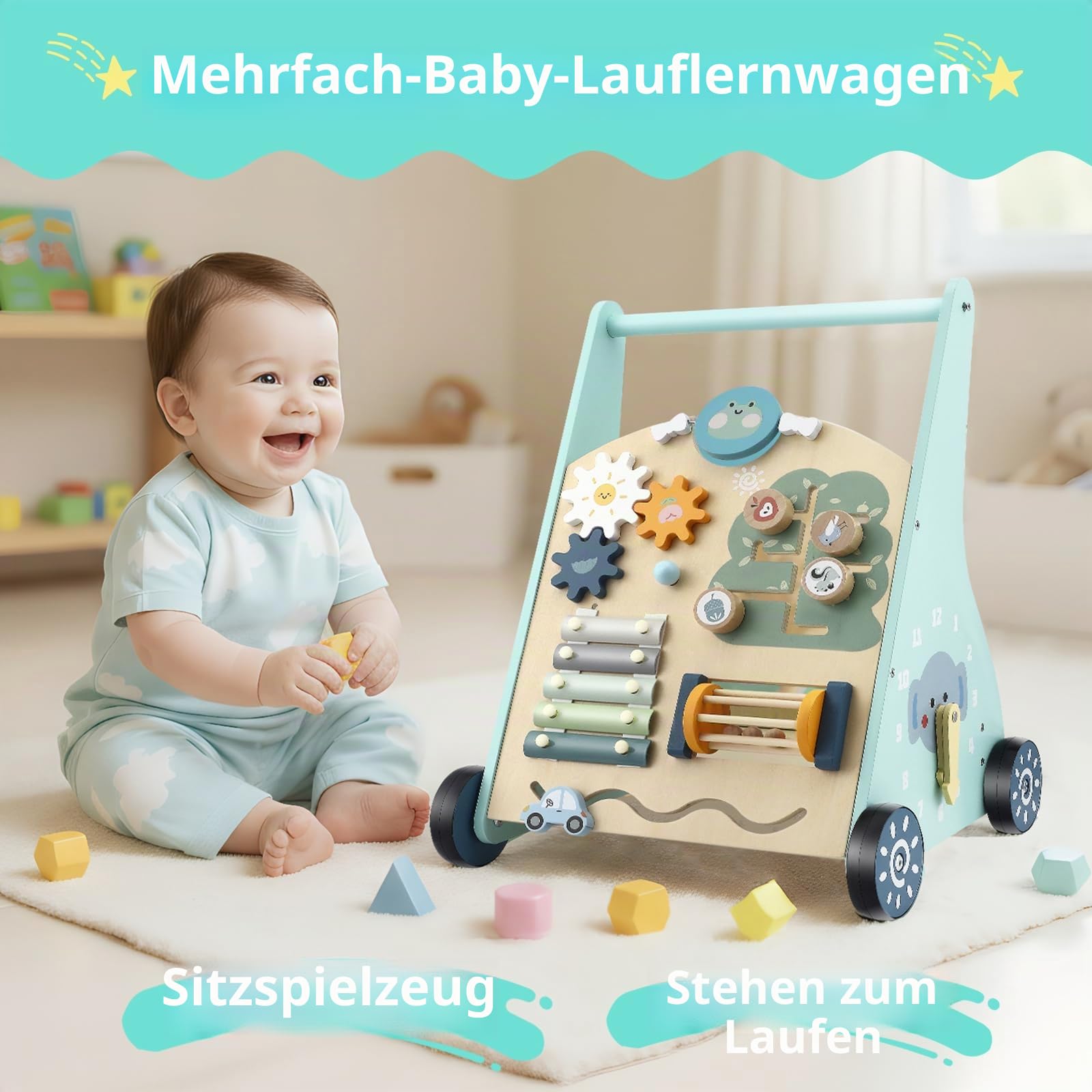 Baby Lauflernwagen aus Holz - Multifunktionale Lauflernhilfe mit Motorikspielzeug - Montessori Lernspielzeug mit Griff - 8 Verschiedene Spielbereiche Geschenk für Jungen und Mädchen ab 1 Jahr