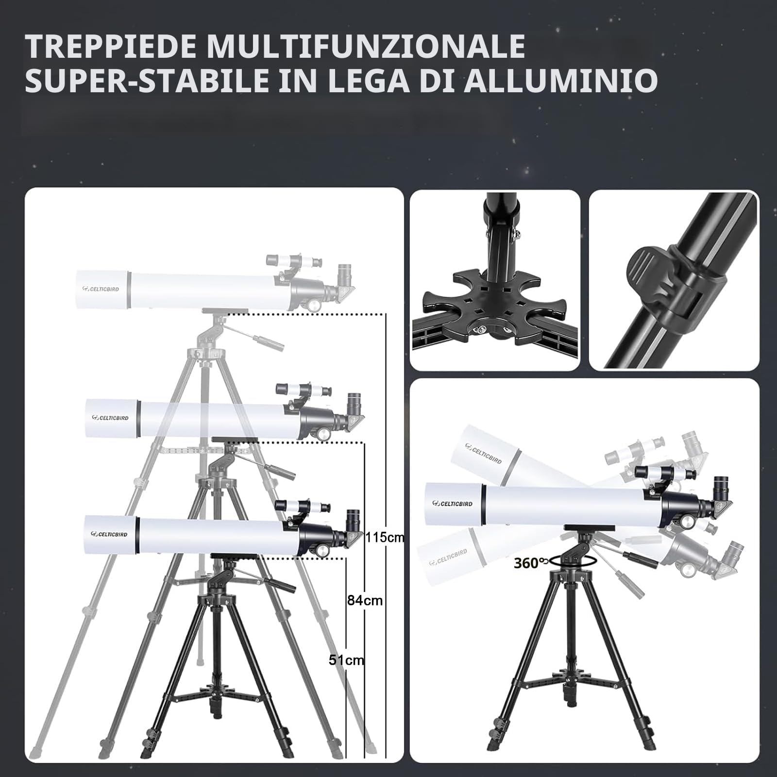CELTICBIRD Telescopio per adulti ad alta potenza, telescopi da viaggio per adulti, regali per principianti di astronomia, telescopio rifrattore 900 con apertura da 80 mm con attacco AZ