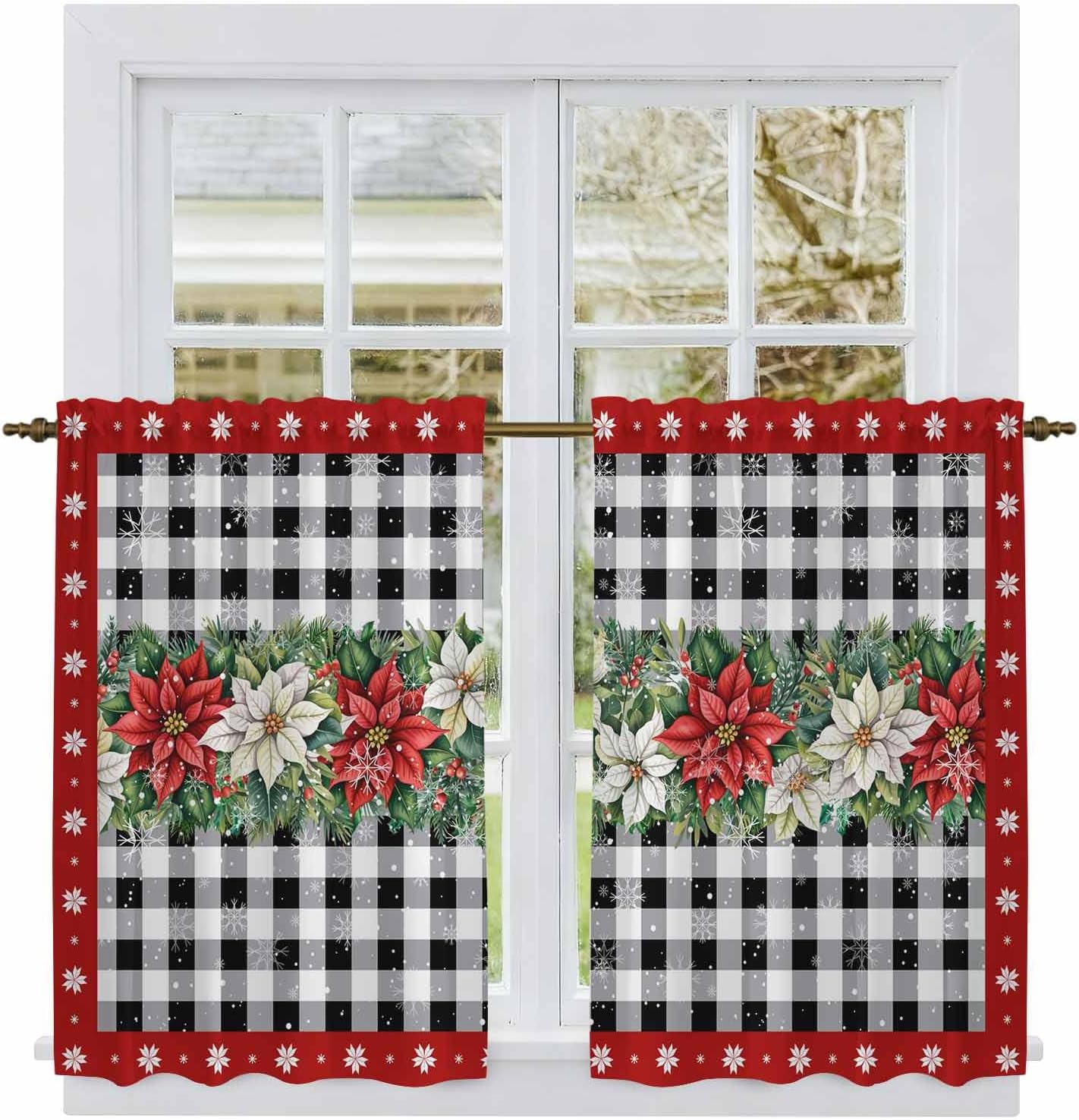 Red Christmas Poinsettia Kitchen Tier Curtains 45 Inch Long 2 Panel Set,Rod Pocket Short Window Treatment,Xmas Botanical Black Plaid Curtains & Drapes for Bathroom Basement 27.5"W x 45"L