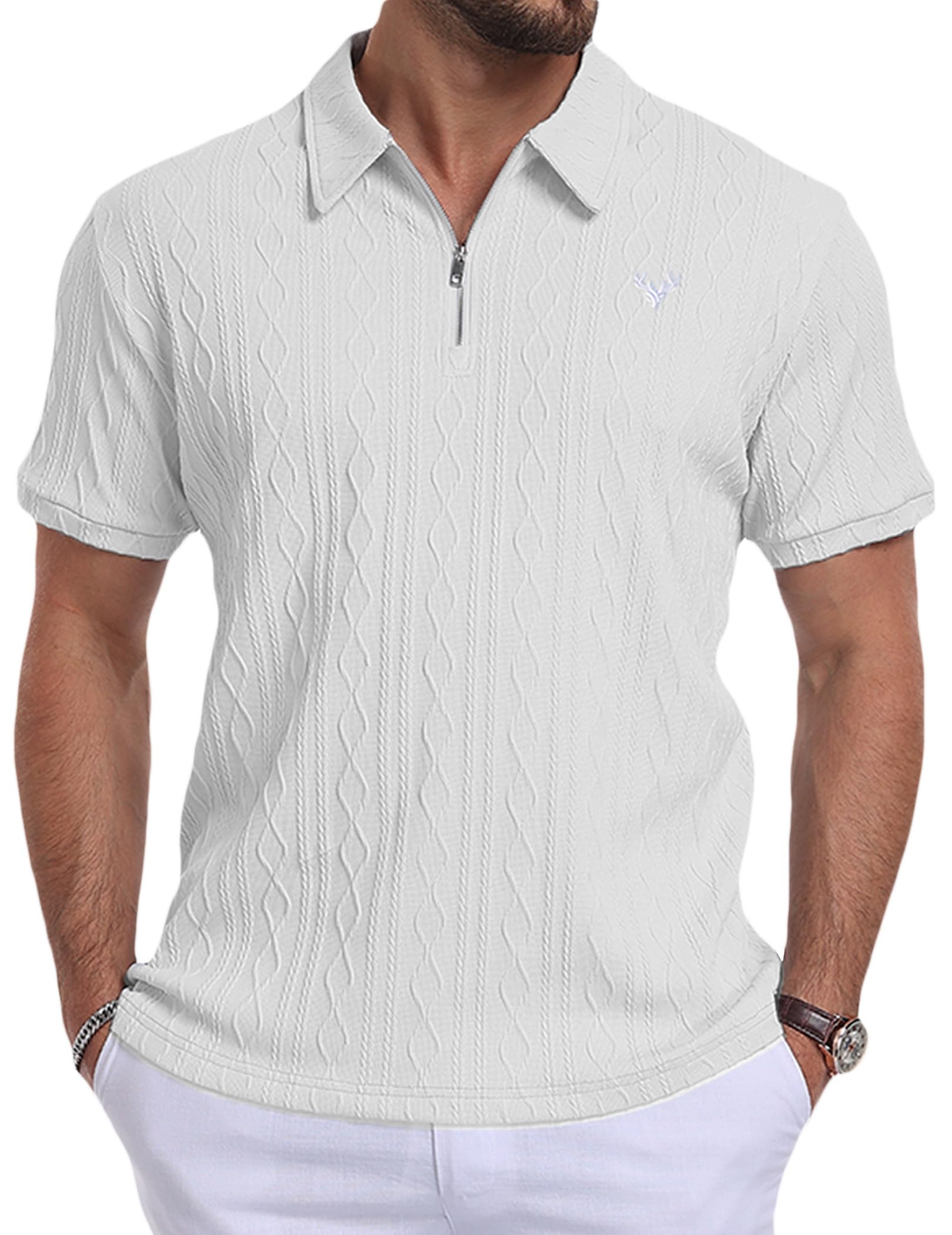 KUYIGO Herren Kurzarm Polohemd von aus Strickmaterial mit Reißverschluss am Kragen und Hirschkopf-Motiv EIN atmungsaktives kühles Sommer Golf-Polohemd Größen S–2XL