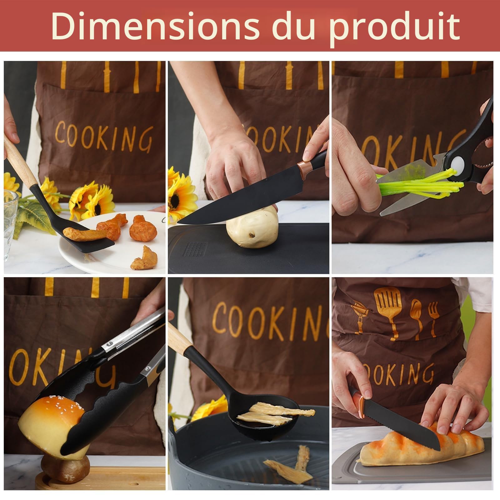 Set Couteaux de Cuisine 19 pièces avec ustensiles de cuisine en silicone 5 couteaux 12 accessoires antiadhésifs 1 paire de ciseaux planche à découper et support pour cuisson sans stick (Noir)