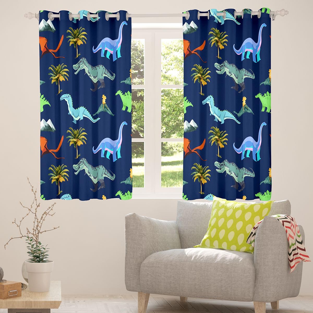 Homewish Rideau Occultant 117x183 cm Dinosaur,Rideau Enfants Adolescents Adults Mignon Coloré Dinosaur,Rideaux Voilage Tropical Palm Trees,Voilage Fenetre Jungle Animal pour Chambre Salon