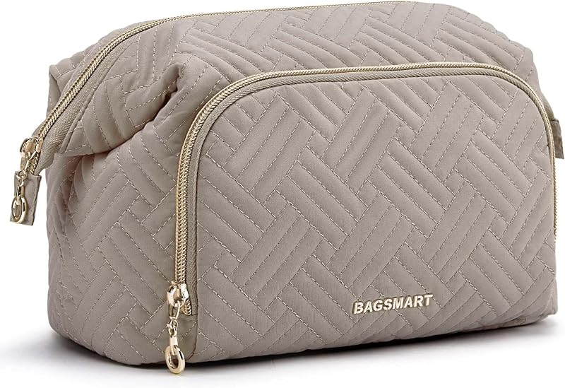Necessaire de maquiagem BAGSMART com abertura ampla, bolsos internos e zíper, Tranquil Gray