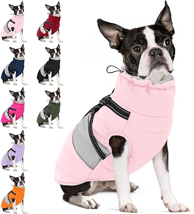 SUNFURA Small Dog Coat with Harness Built in, Warm Dog Jacket Winter with Zipper On Back, Waterproof Dog Snow Jacket Snowsuit Pet Sweater Clothes for Small Dogs Schnauzer, Yorkshire Terrier, Pink S