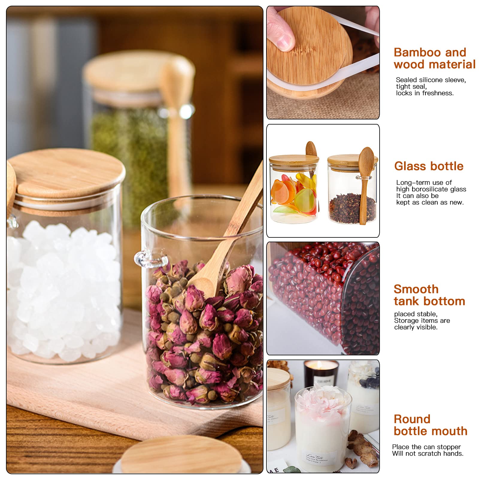 JOUALY Paquete de 6 tarros de vidrio de almacenamiento de alimentos de 18 onzas, tarros de vidrio de borosilicato 100% sellados con tapa de bambú y cuchara de bambú para dulces, especias, granos de
