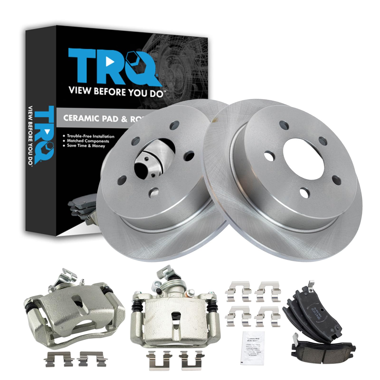 TRQ Rear Brake Pad and Rotor Set Ceramic Solid Rotors Calipers Compatible with 2005 Pontiac Montana