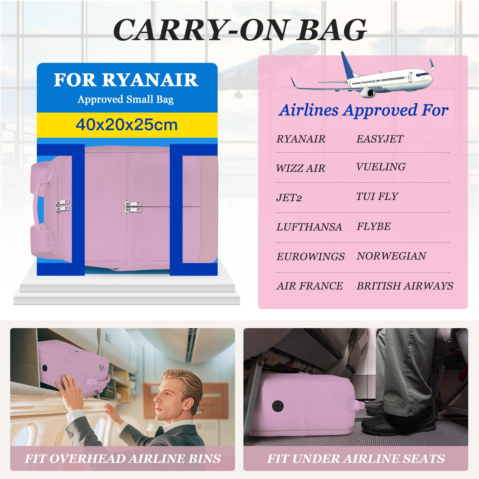 OTAHGK Borse da Cabina 40x20x25 per Ryanair Zaino da Viaggio Sotto il Sedile, Bagaglio a Mano Zaino da Cabina 20L, Zaino per Portatile Piccola Borsa da Viaggio Zaino Travel Viaggio-Viola