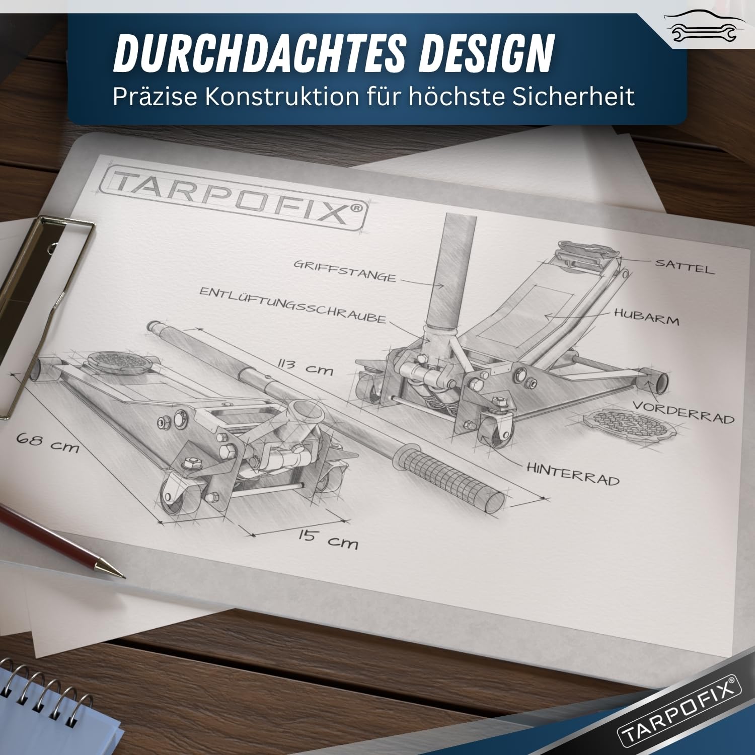 Tarpofix® Wagenheber hydraulisch 3t (85-475mm Hubhöhe) | Premium Rangierwagenheber 3t mit Doppelzylinder | Hydraulischer Wagenheber flach für SUV & tiefergelegte Autos | Hydraulik Rangierwagenheber
