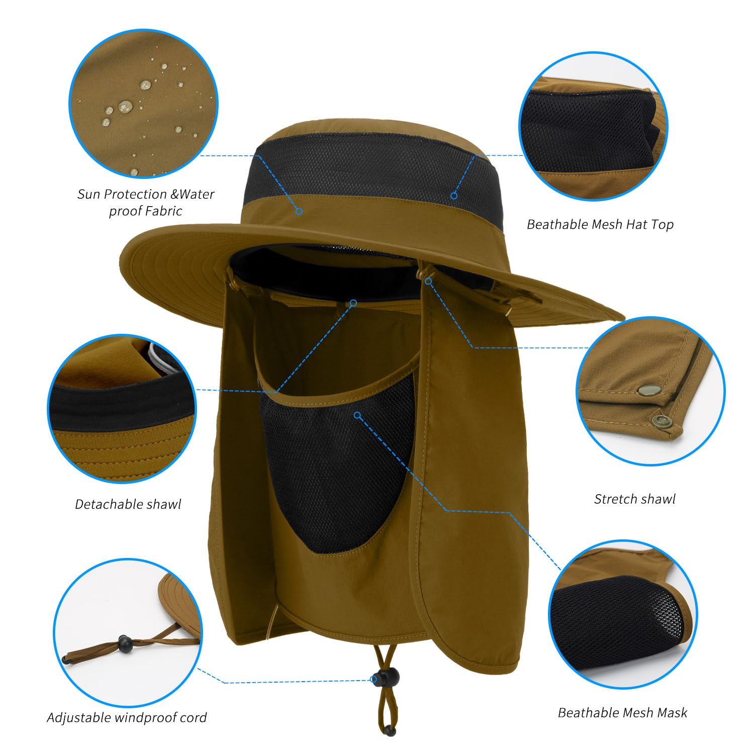 Outdoor Sun Hat UPF 50 Protection Waterproof Fishing hat Face Cover Summer Neck Flap Hat