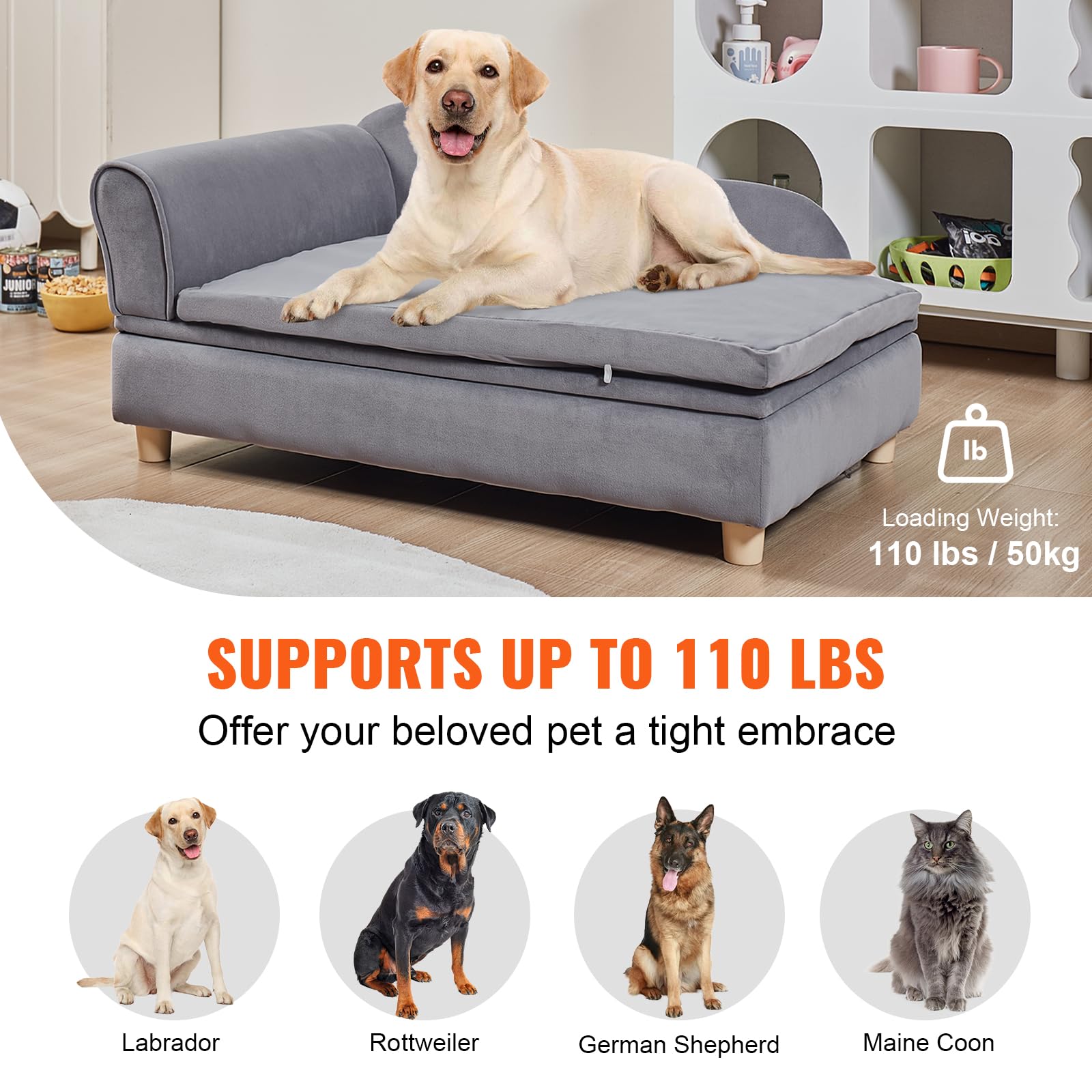 VEVOR Canapé pour animal de compagnie, panier pour chien de grande taille et chat, canapé-lit pour chiens en velours doux, canapé pour chats avec capacité de charge de 50 kg, gris, 91 x 58,5 x 41,5 cm