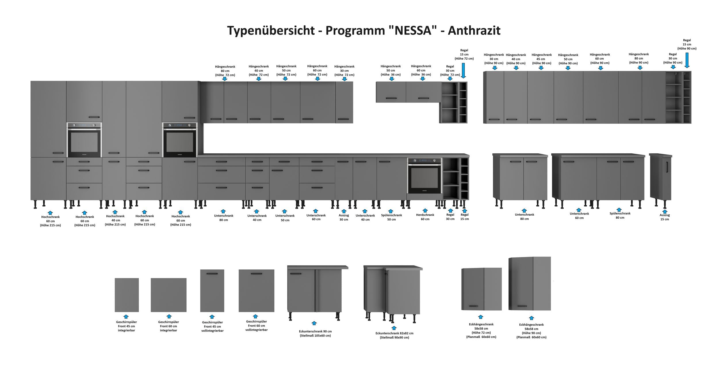 Kuechen-preisbombe Küche Nessa Unterschrank 80 cm Anthrazit Küchenzeile Küchenblock Einbauküche