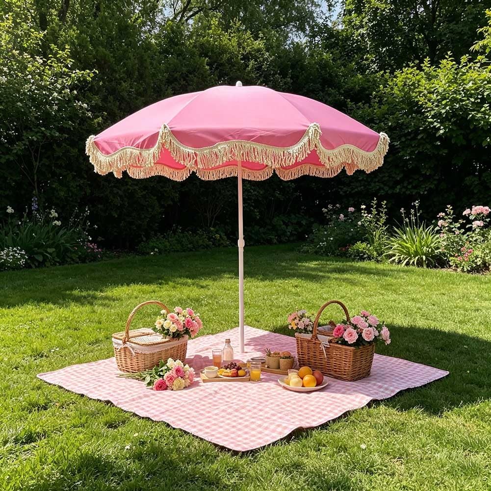Parasol ogrodowy 200 cm z frędzlami, przenośny parasol plażowy na zewnątrz, 8 żebrami, żelazny trzon, uchylnym, ochrona UV wodoodporny