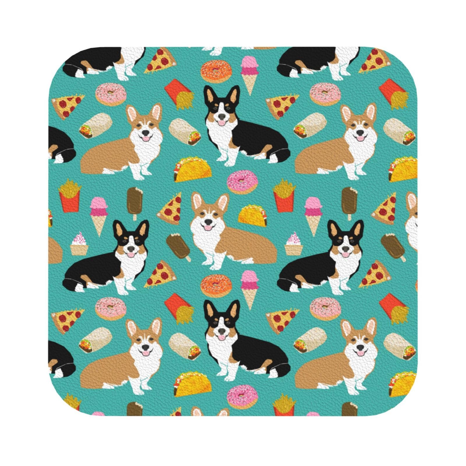 Cute Dogs PU Leather Coasters Set of 6 Square Drink Coasters