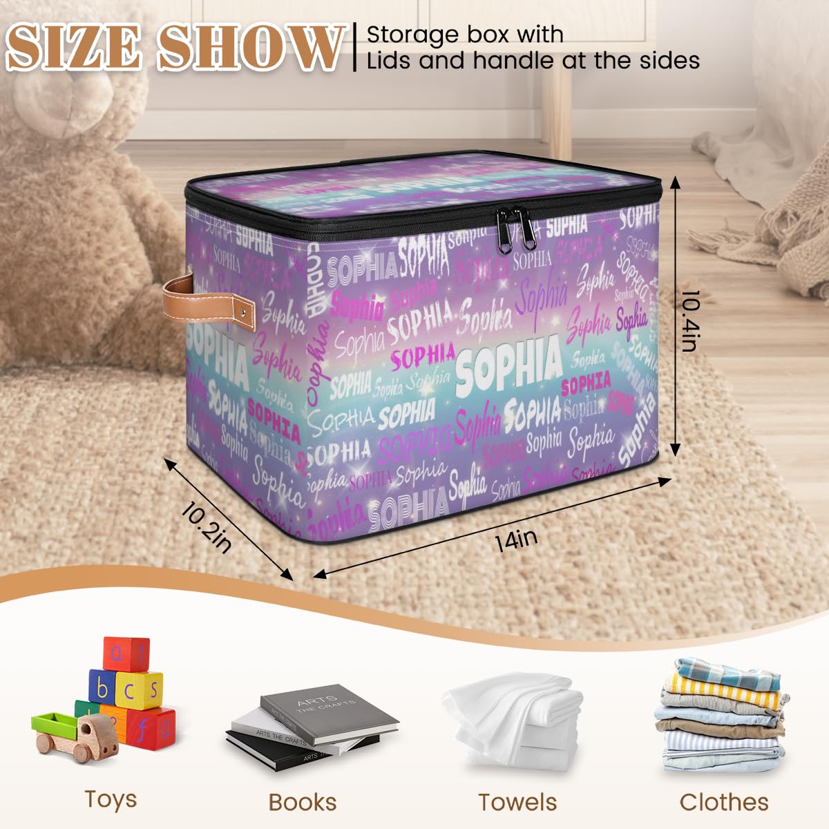 KFNHN Custom Rectangular Baby Storage Basket with Zipper Lid, Kids Toys Bin, Books Shelf Basket, Clothes Towel Purple Blue Galaxy Storage Bin for Nursery, Gift Basket, Pet Basket