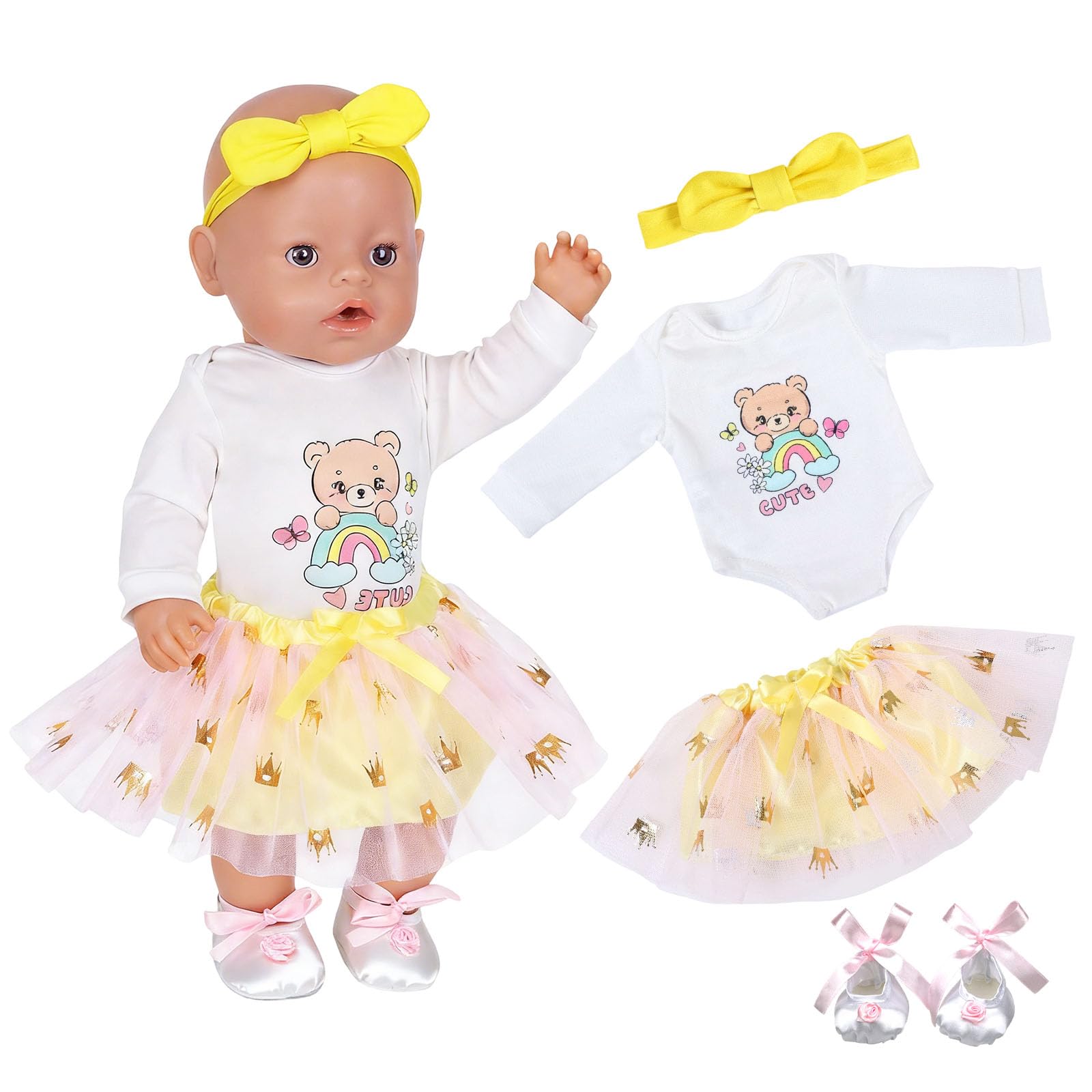 4 Pcs Baby Doll Clothes for 14-17 Inch Doll 30-45cm Baby Doll, Yellow Bear Doll Clothes 1 Jumpsuit 1 Ballet Shoes 1 Tulle Skirt 1 Hairband New Born Baby Doll Accessories Sweet Girls Birthday