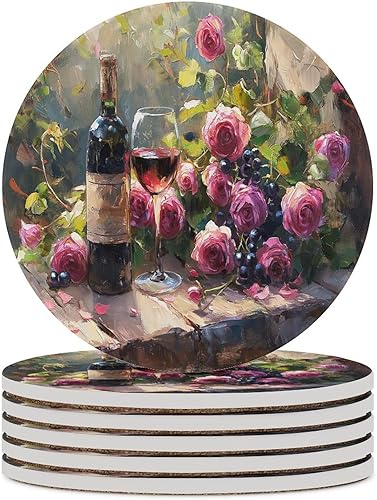 Miniatura 11 de Round-4 posavasos de cerámica para vino tinto, posavasos redondos absorbentes para bebidas, estilo vintage de madera, vino tinto, uvas, frutas y