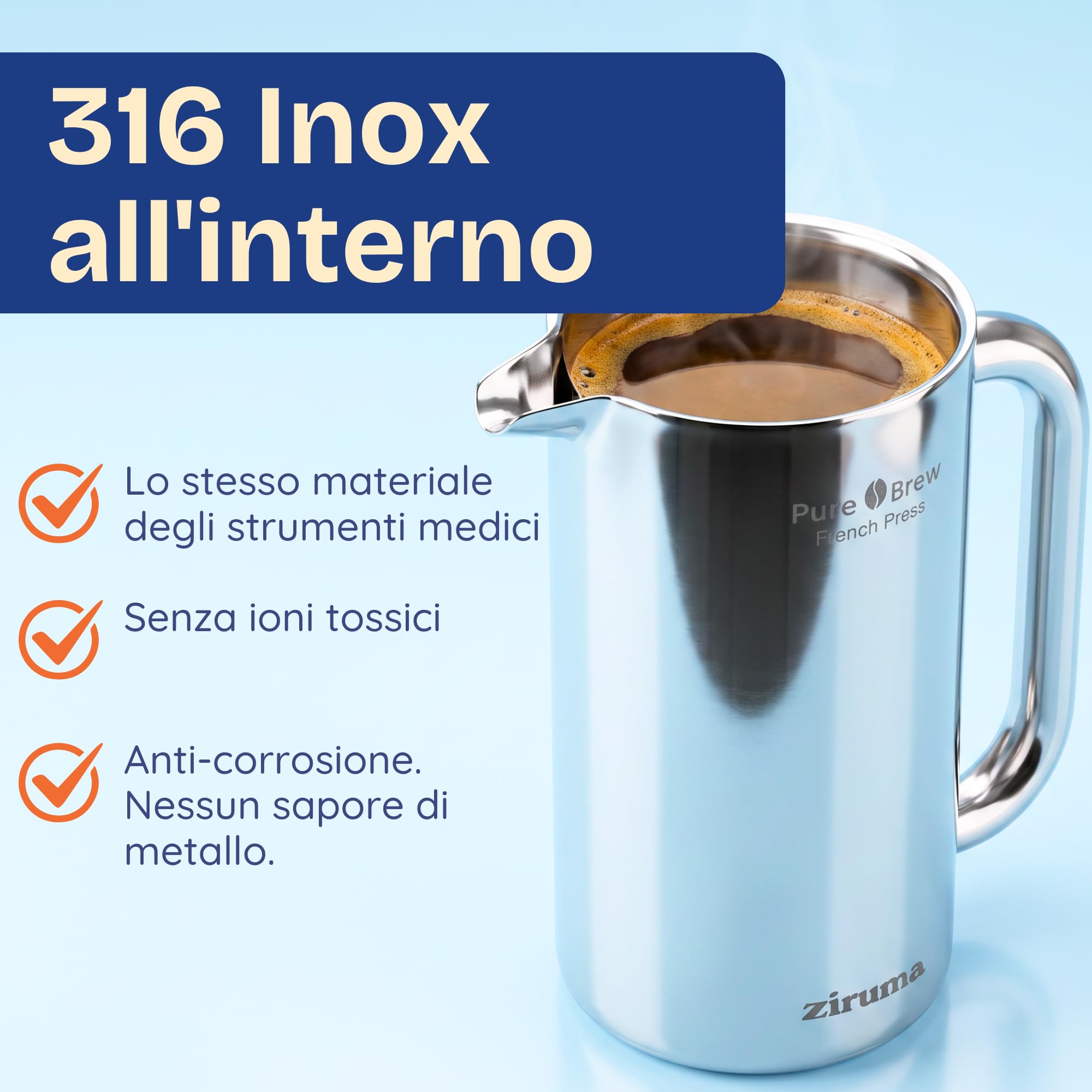 Ziruma Non Tossico Caffettiera a Stantuffo Acciaio, Senza Plastica, 1L